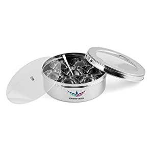 Stainless Steel Masala Box with See Through Lid, Seven Containers, Inner Cover and Small Spoon, 20 cm Dia.