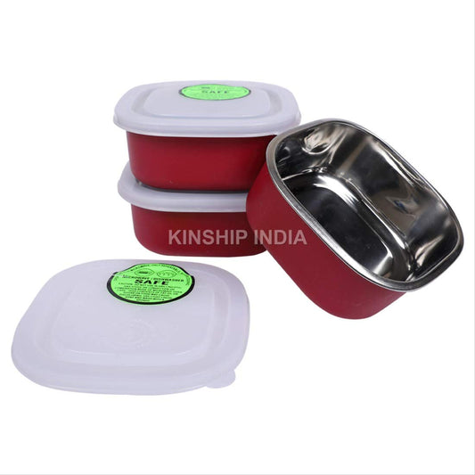Microwave Safe Stainless Steel Small Square Lunch Containers Set of 3 {350 ML} (RED)