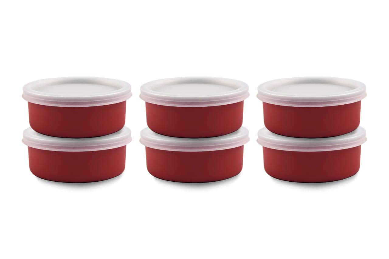Microwave Safe Stainless Steel Small Containers For Office/Home Set Of 6 (RED, 6 x 11 CM, 6 x 300 ML Approx.)