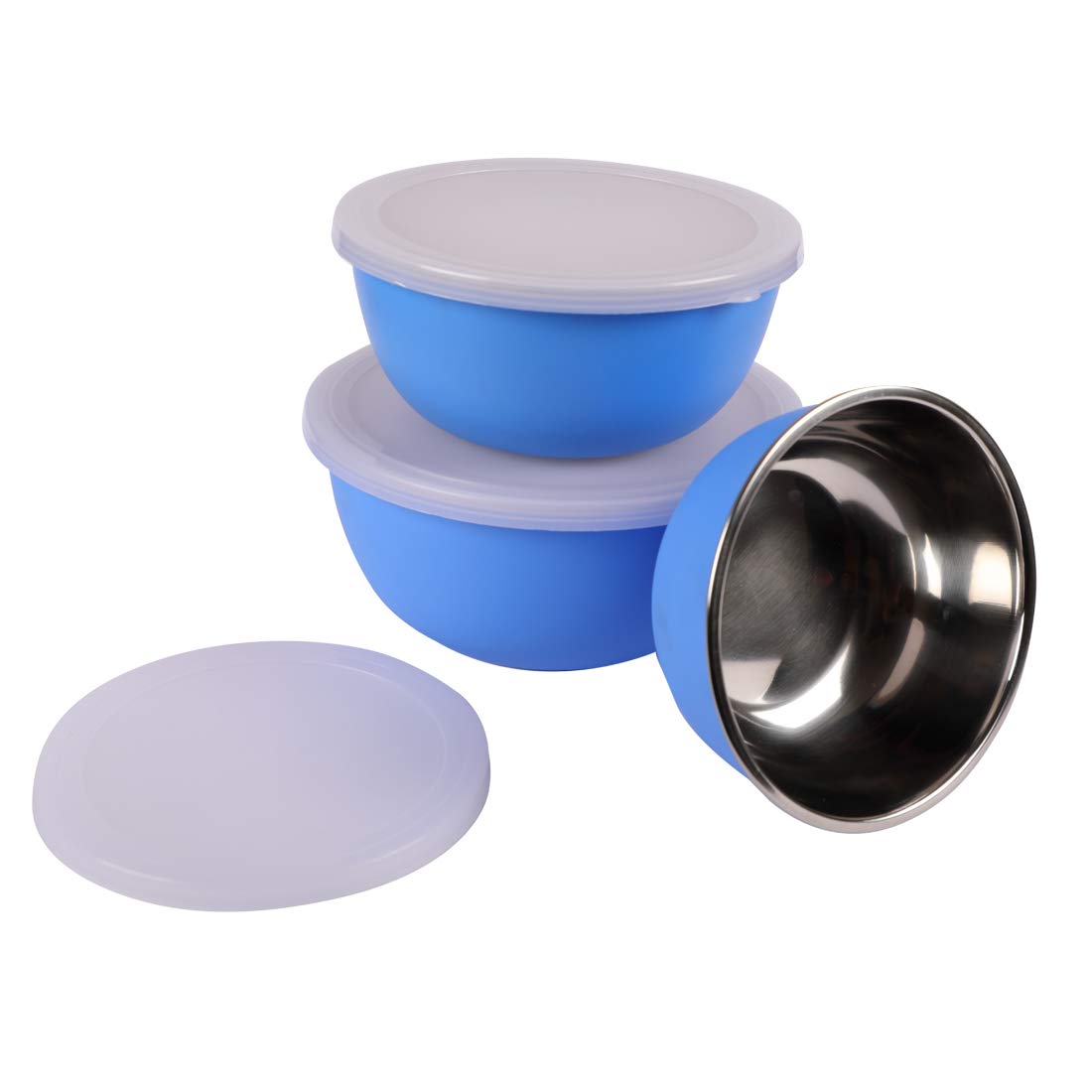 Microwave Safe Stainless Steel Plastic Coated Euro Bowl Set of 3 (Capacity 450 ML 700ML 1200ML)