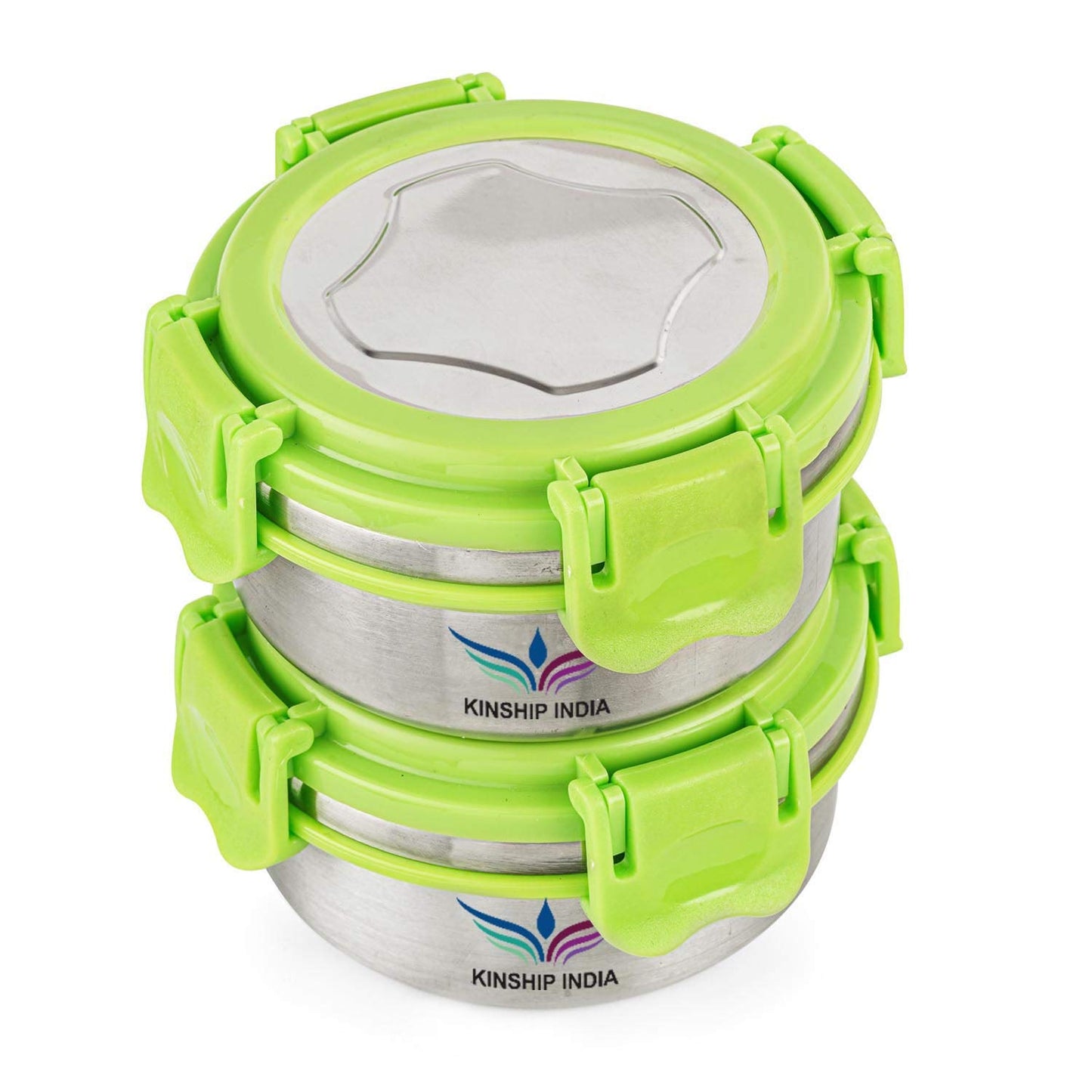 Stainless Steel Smart Lock Lunch Box with Steel Lid (300 ml, 10 cm, Green) 2 Containers