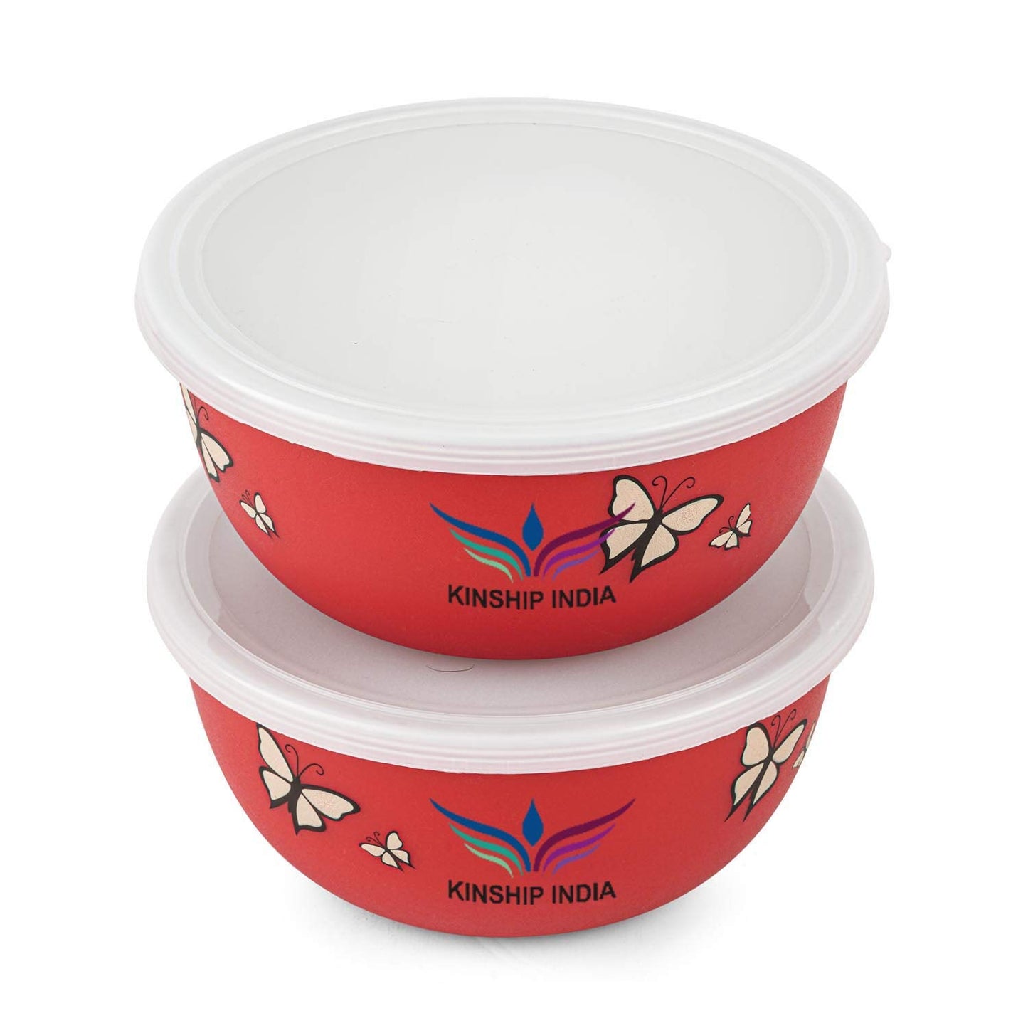 Microwave Safe Stainless Steel Plastic Coated Designer Euro Bowl (2000 ml) (RED) Set of 2