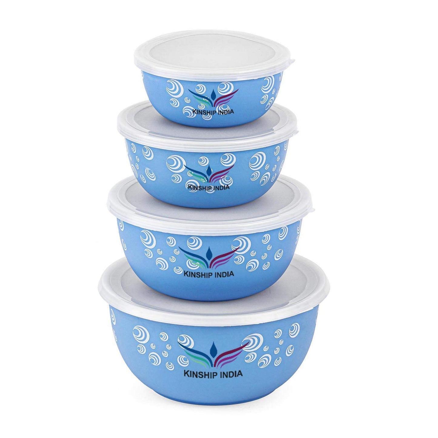 Microwave Safe Stainless Steel Plastic Coated Designer Euro Bowl (450,700,1200 and 2000ml) Set of 4 (BLUE)