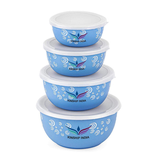 Microwave Safe Stainless Steel Plastic Coated Designer Euro Bowl (450,700,1200 and 2000ml) Set of 4 (BLUE)