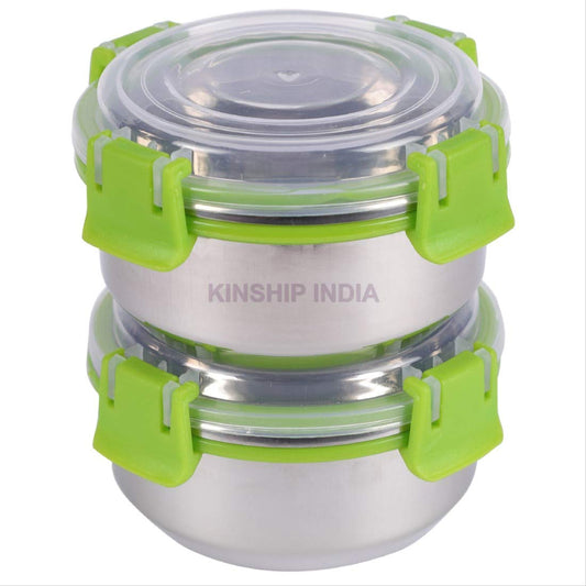Stainless Steel Smart Lock Containers Set of 2 (300ml,10 cm)(GREEN)
