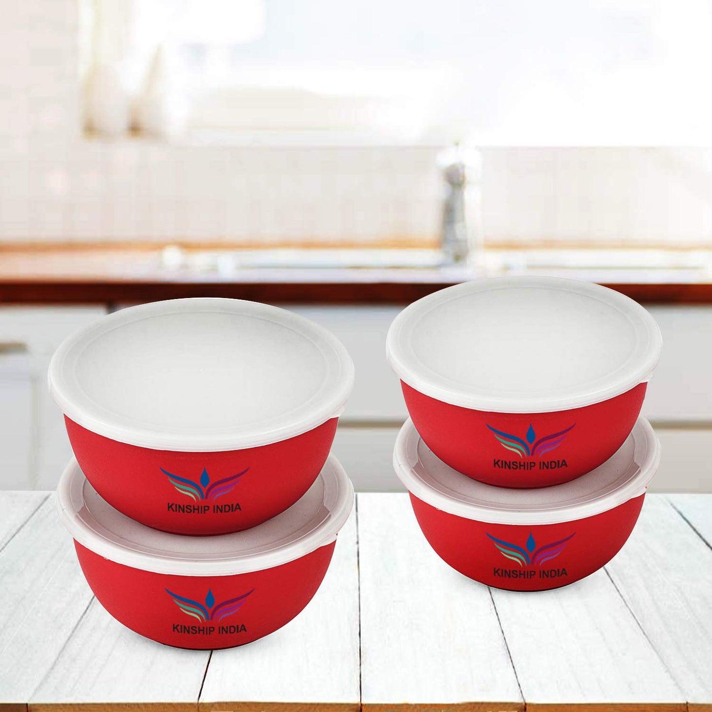 Microwave Safe Stainless Steel Plastic Coated Euro Bowl (450,700,1200 and 2000ml),Set of 4(Red)