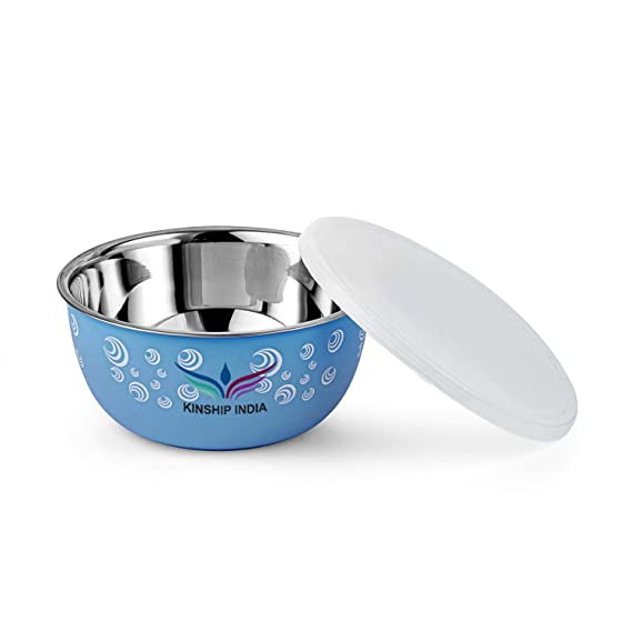 Microwave Safe Stainless Steel Plastic Coated Designer Euro Bowl (450,700,1200 and 2000ml) Set of 4 (BLUE)