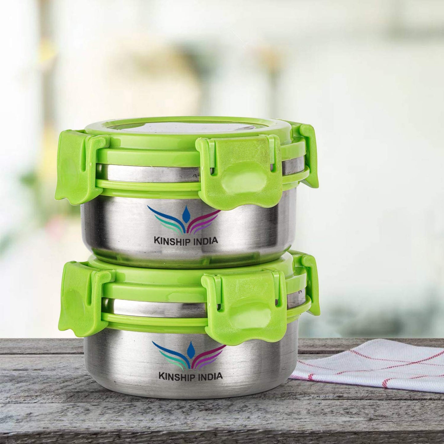 Stainless Steel Smart Lock Lunch Box with Steel Lid (300 ml, 10 cm, Green) 2 Containers