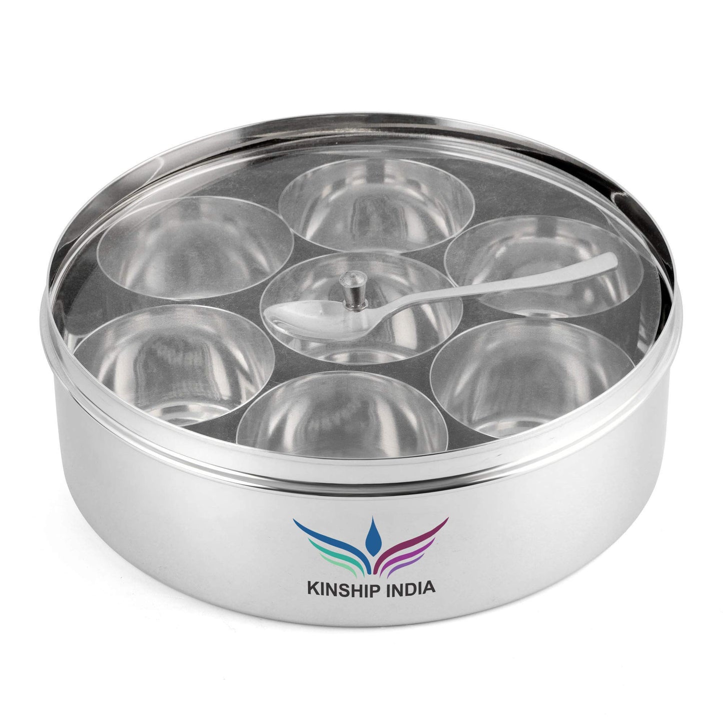 Stainless Steel Masala Box with See Through Lid, Seven Containers, Inner Cover and Small Spoon, 20 cm Dia.