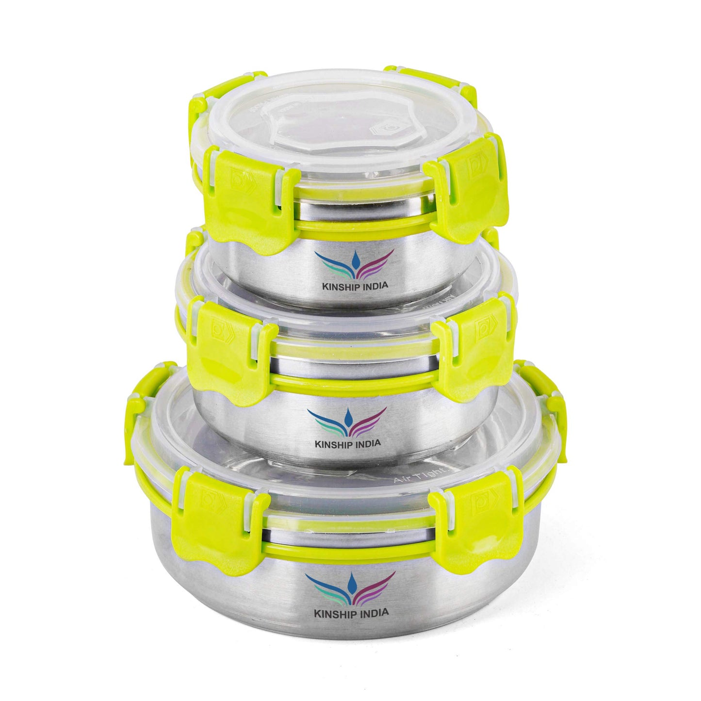 Stainless Steel Designer Containers with Lock (650,425 and 300 ml)-Set of 3 (GREEN)
