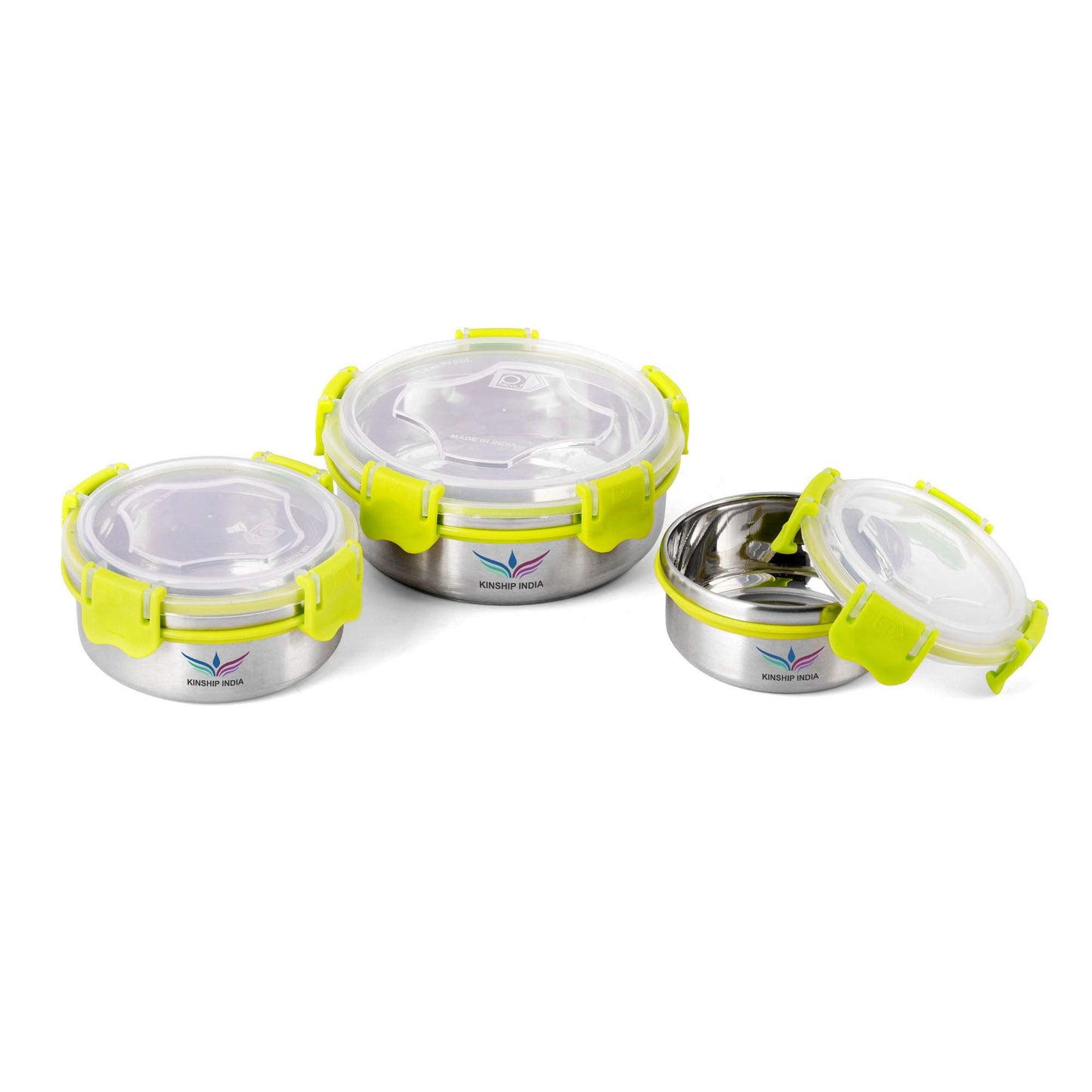 Stainless Steel Designer Containers with Lock (650,425 and 300 ml)-Set of 3 (GREEN)