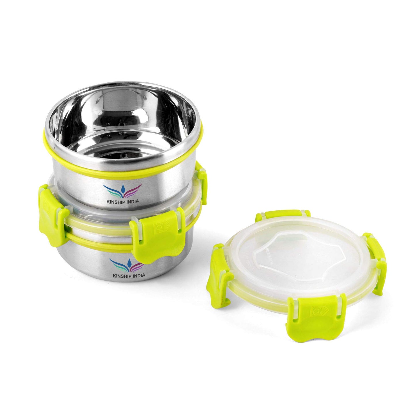 Stainless Steel Designer Smart Lock Tiffin Box -2 Containers (300 ml,10 cm,Green)