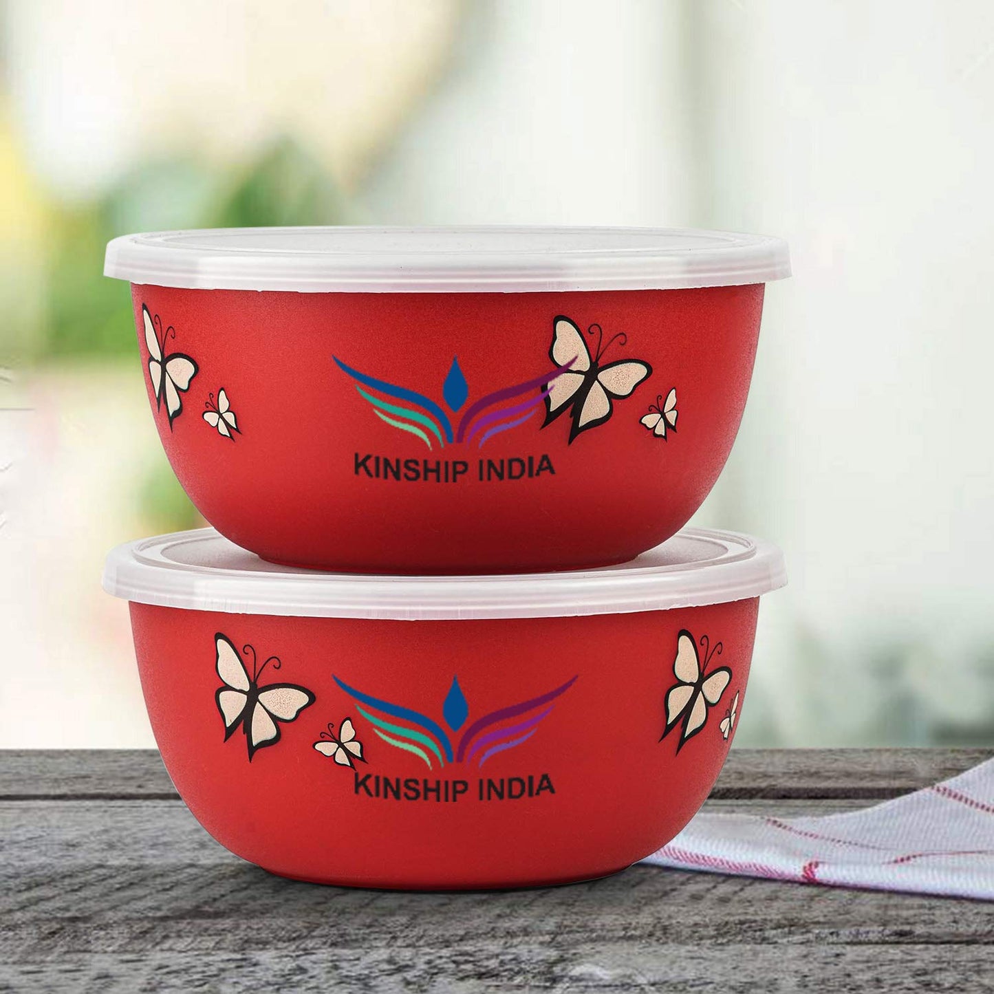 Microwave Safe Stainless Steel Plastic Coated Designer Euro Bowl (2000 ml) (RED) Set of 2