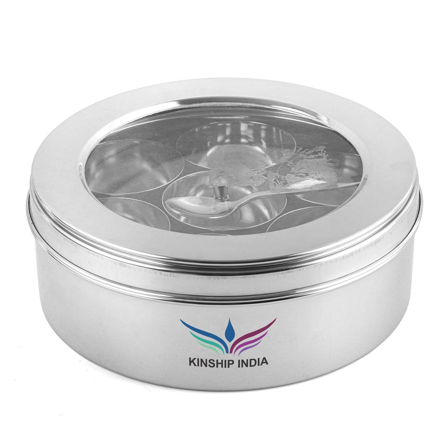 Stainless Steel Masala Box with See Through Lid, Seven Containers, Inner Cover and Small Spoon, 20 cm Dia.