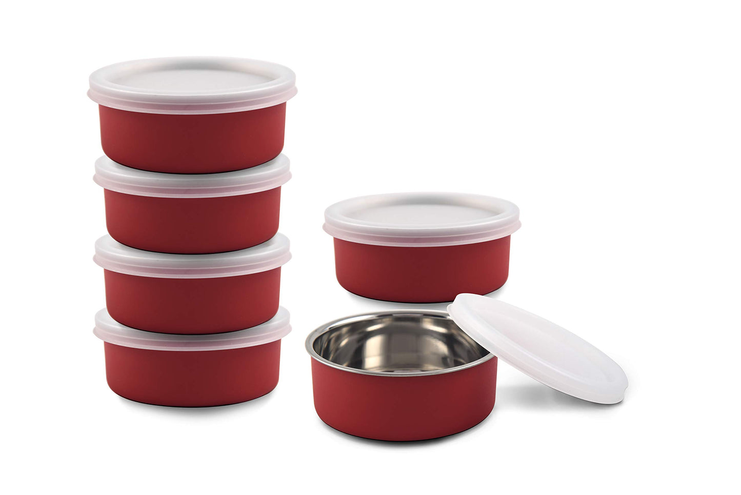 Microwave Safe Stainless Steel Small Containers For Office/Home Set Of 6 (RED, 6 x 11 CM, 6 x 300 ML Approx.)
