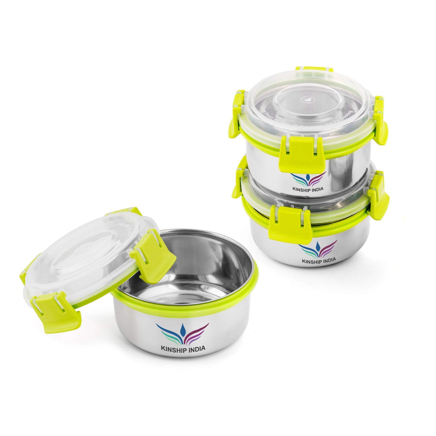Stainless Steel Smart Lock Lunch Container Set of Three (300 ml,10 cm)(GREEN)