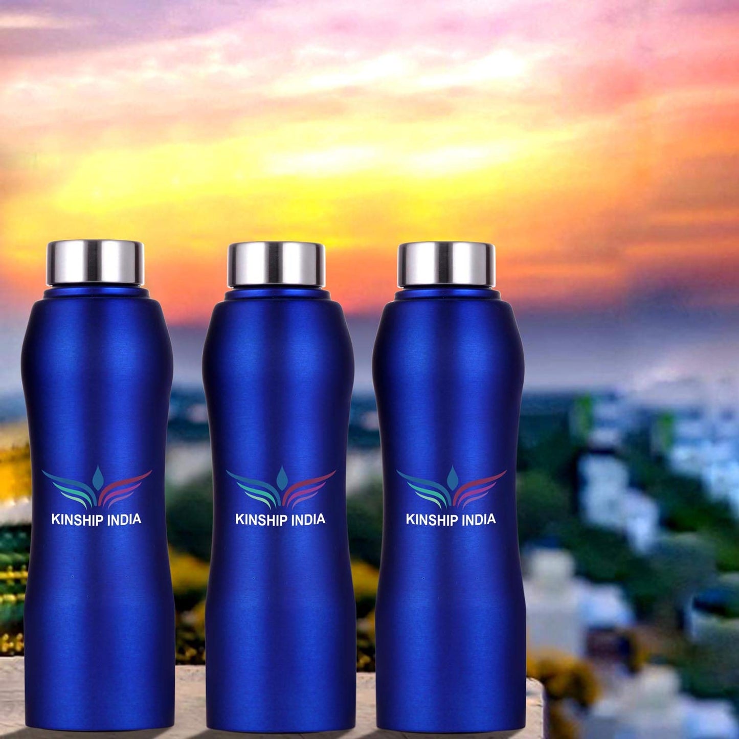 Stainless Steel Designer Water Bottle Set of Three,1 Litre (BLUE)