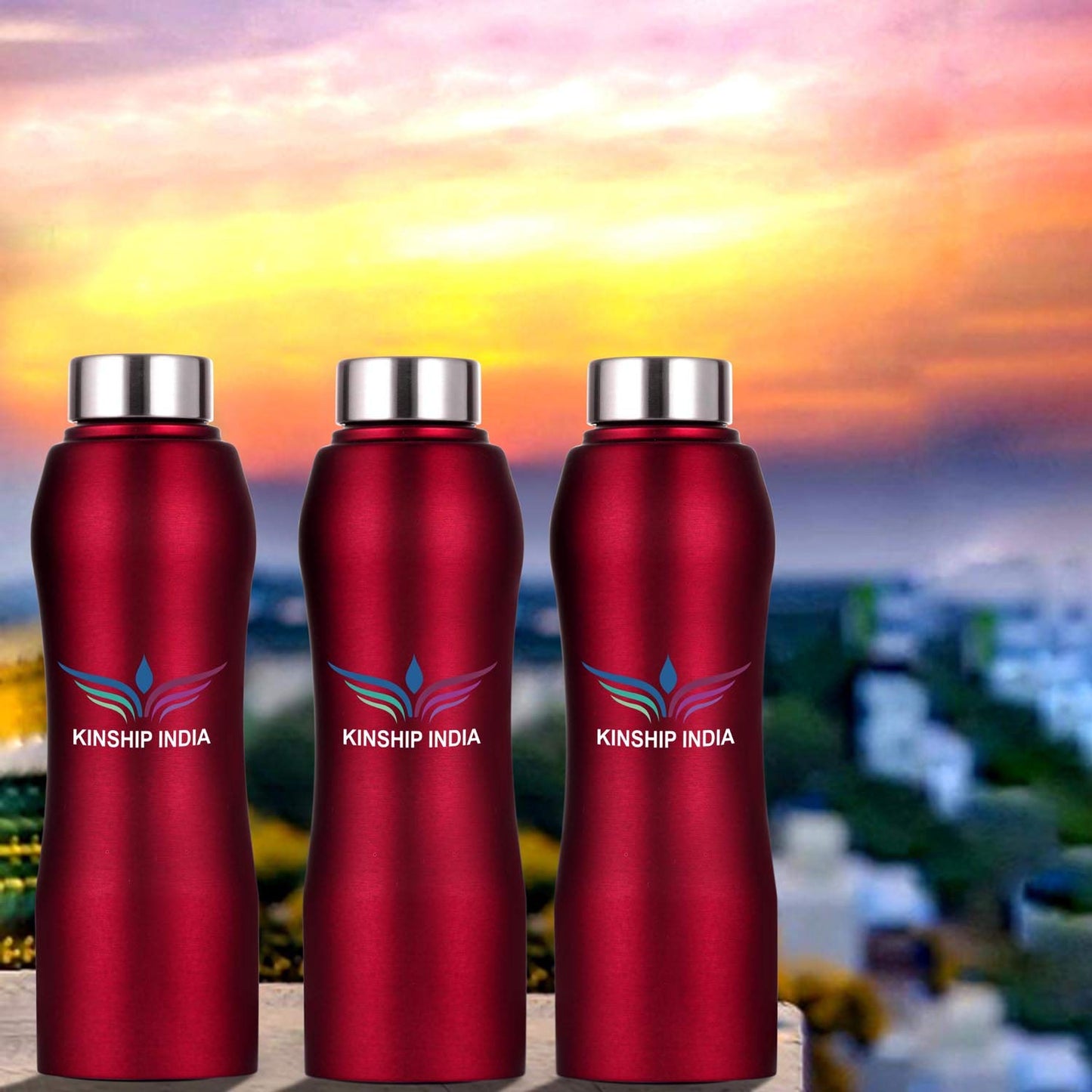 Stainless Steel Designer Water Bottle Set of Three,1 Litre (RED)