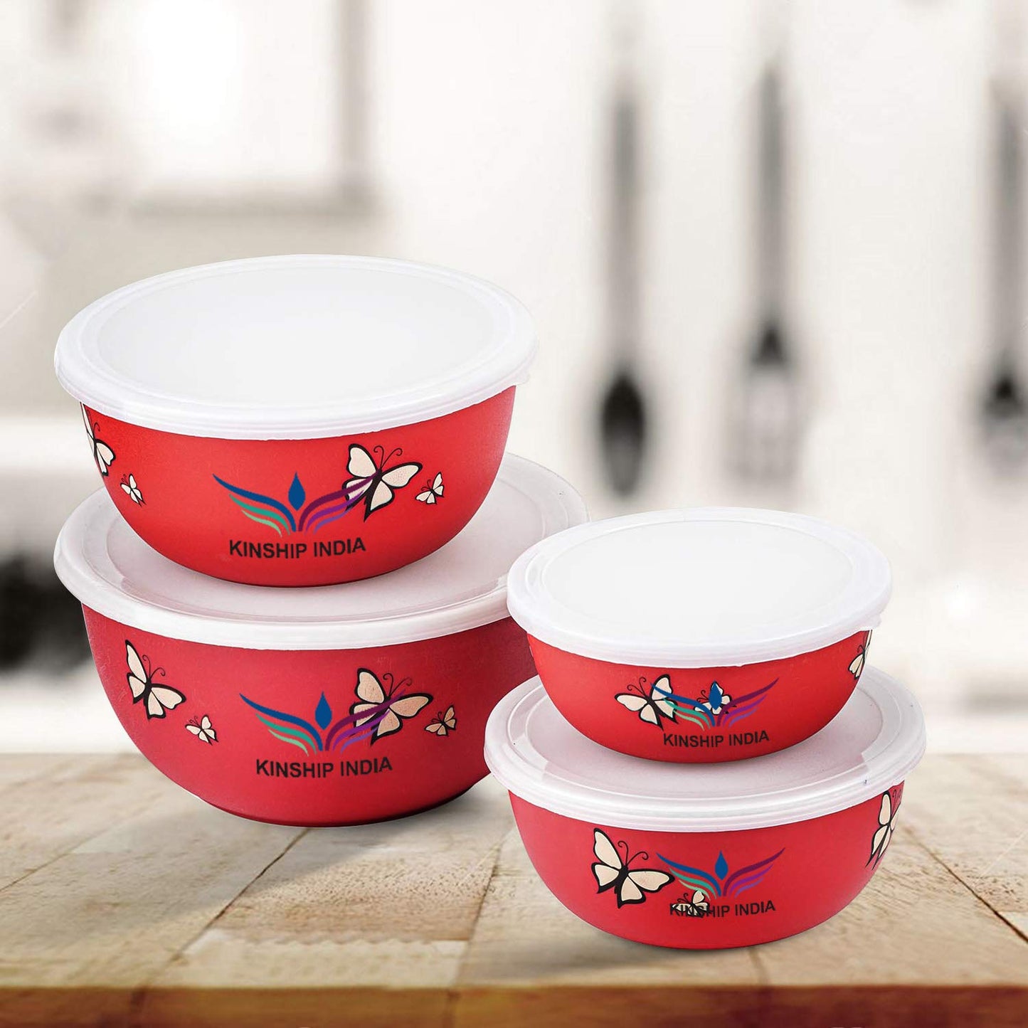 Microwave Safe Stainless Steel Plastic Coated Designer Euro Bowl (450,700,1200 and 2000ml) Set of 4 (RED)