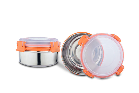Stainless Steel Smart Lock Container Set of 2 (425 ml,12cm)(ORANGE)