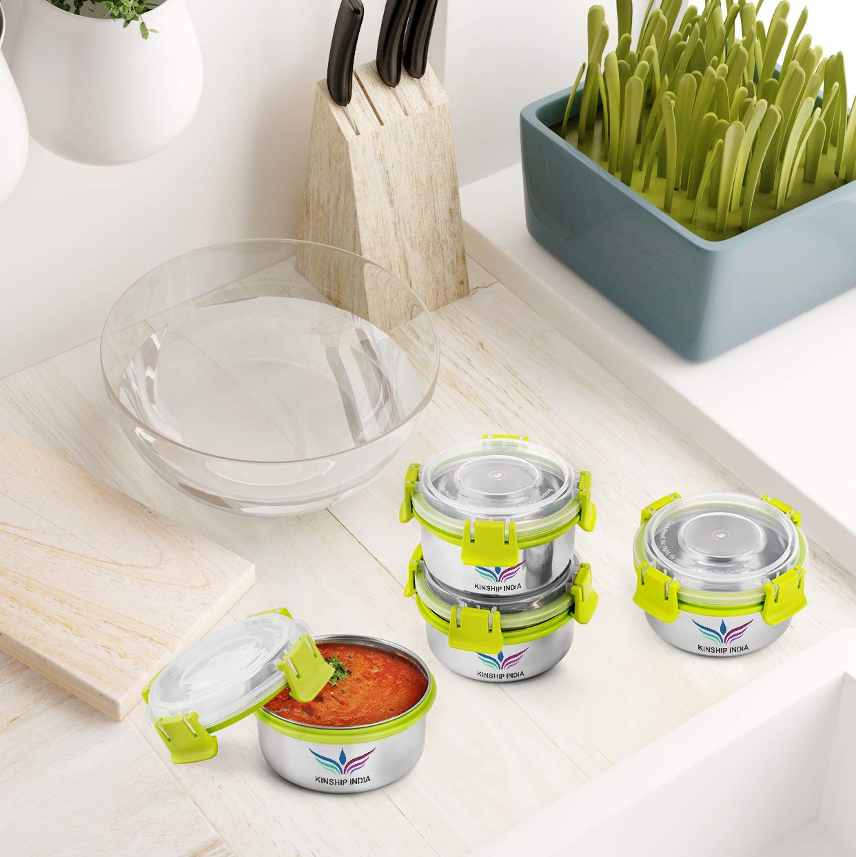 Stainless Steel Lunch Container Set of 4 (300 ml,10 cm)(GREEN)