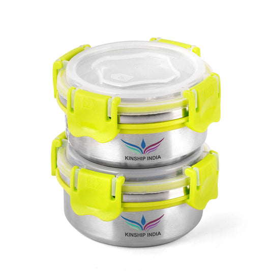 Stainless Steel Designer Smart Lock Tiffin Box -2 Containers (300 ml,10 cm,Green)