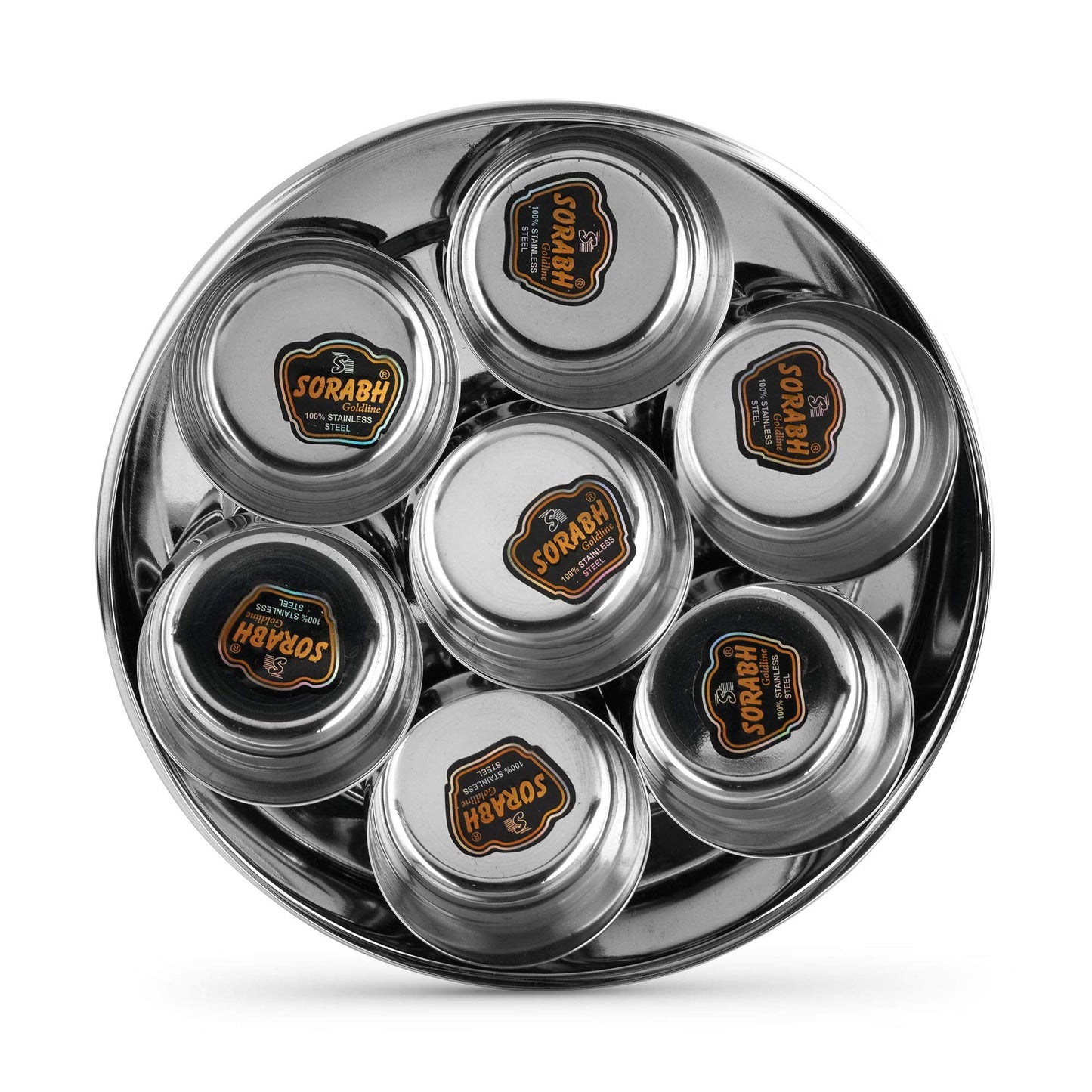 Stainless Steel Masala Box with See Through Lid, Seven Containers, Inner Cover and Small Spoon, 20 cm Dia.