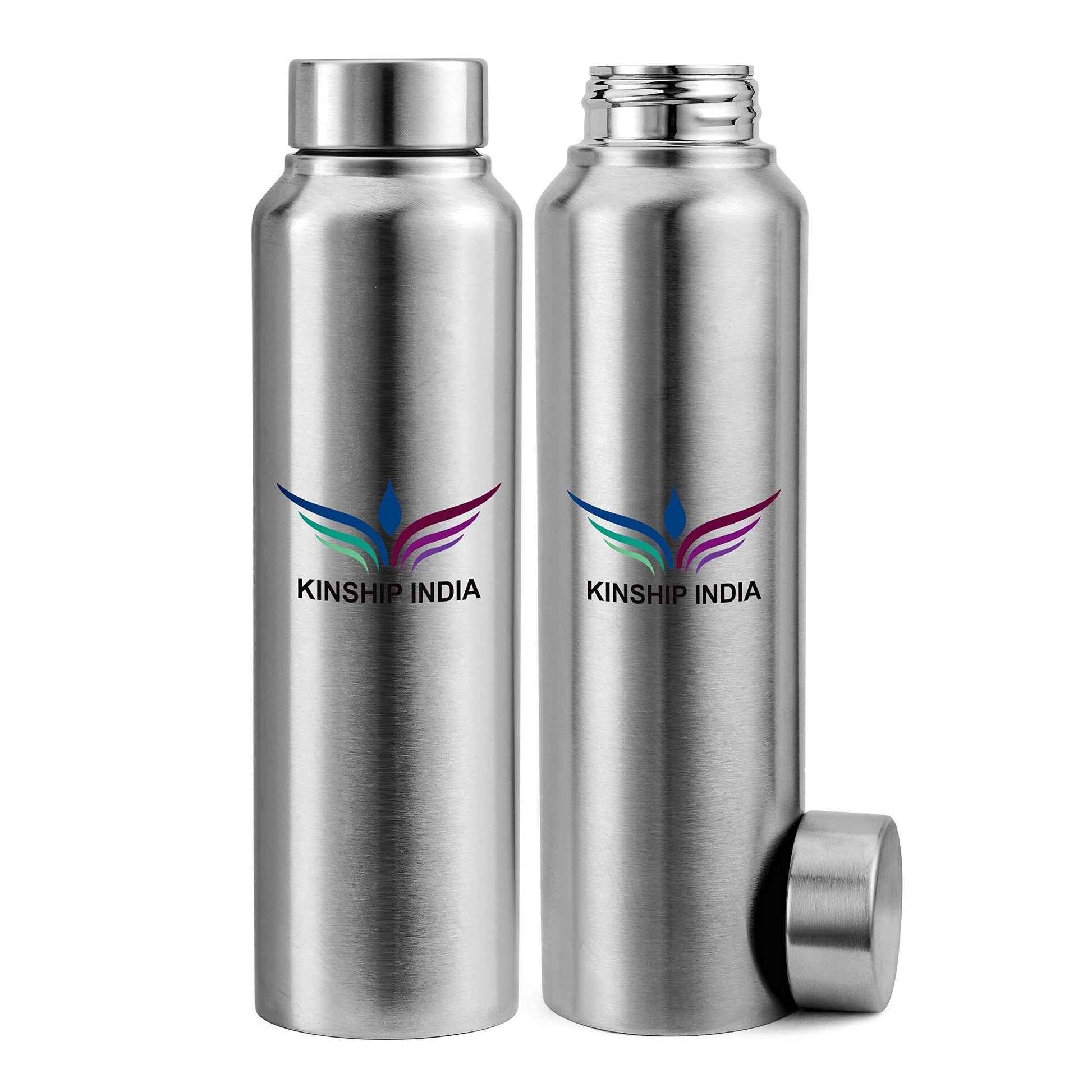 Stainless Steel Flat Water Bottle (1 L Each,Silver) - Set of 2