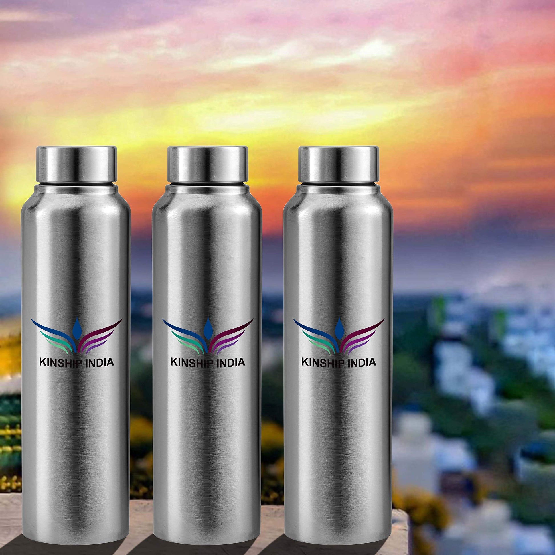Stainless Steel Flat Water Bottle (1 L Each, Silver) -Set of 3