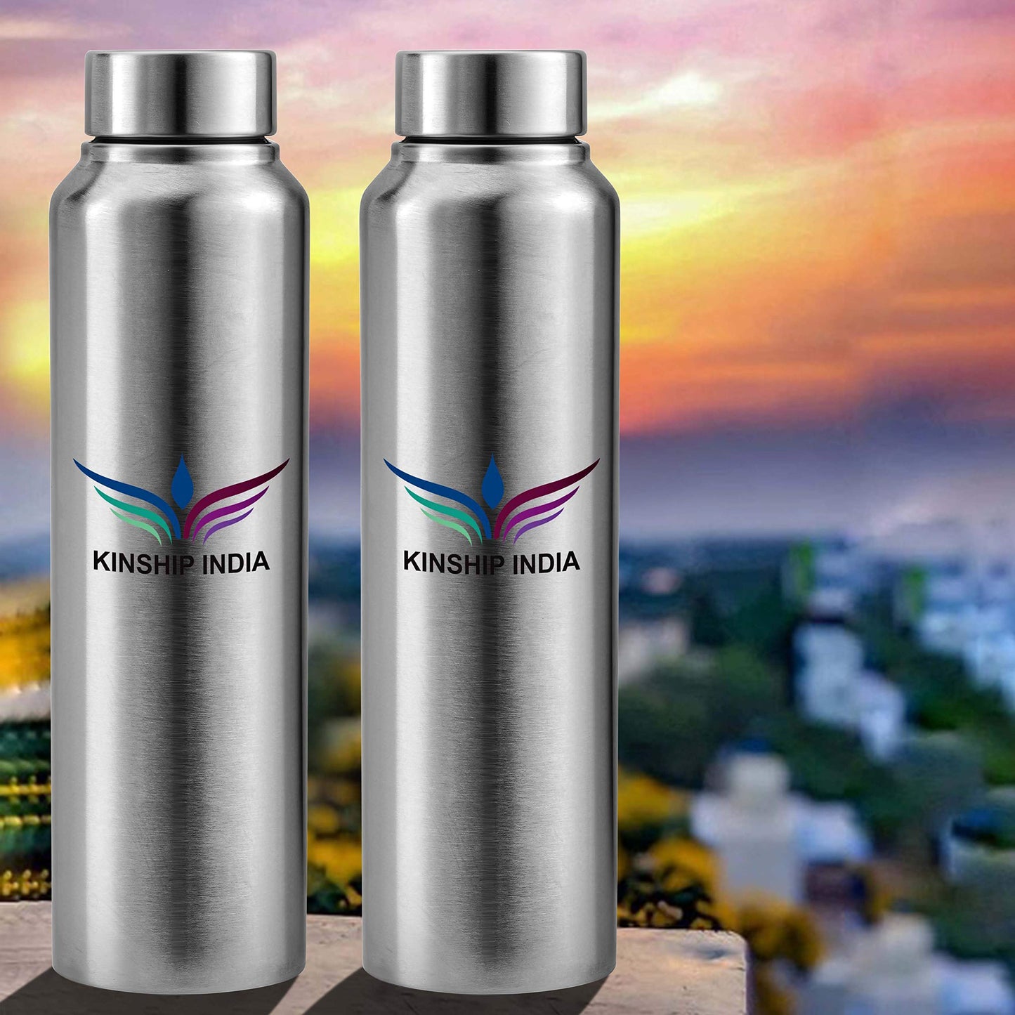 Stainless Steel Flat Water Bottle (1 L Each,Silver) - Set of 2