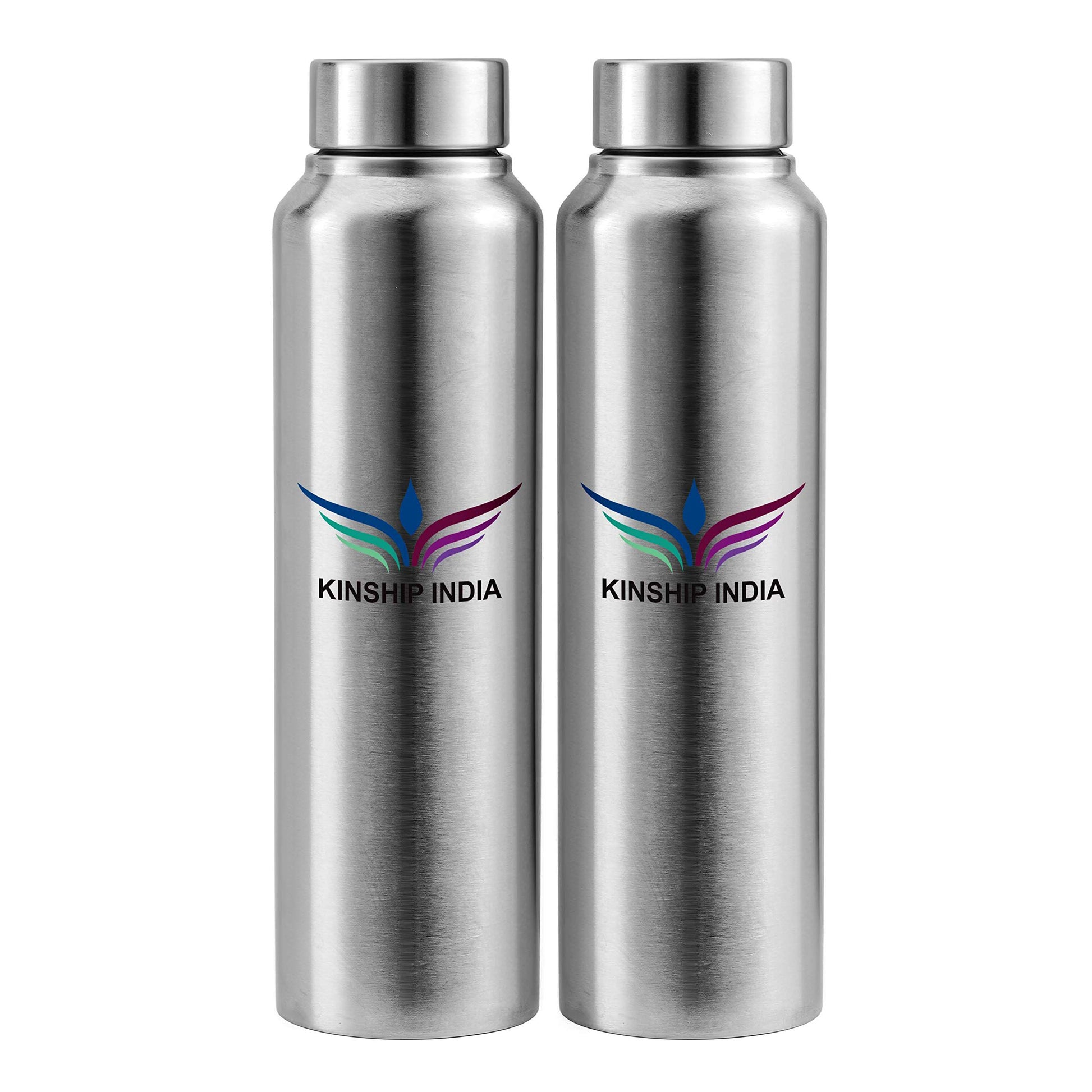 Stainless Steel Flat Water Bottle (1 L Each,Silver) - Set of 2