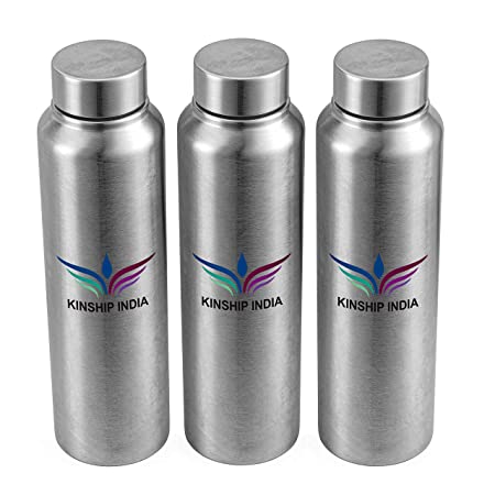 Stainless Steel Flat Water Bottle (1 L Each, Silver) -Set of 3