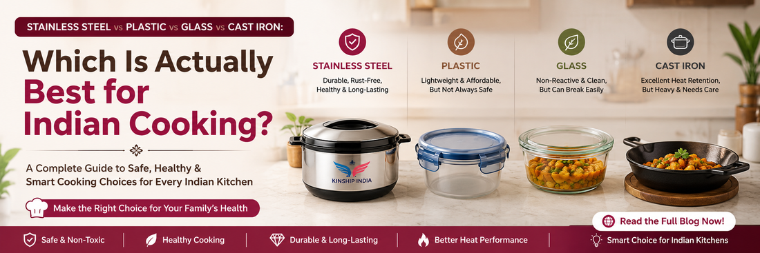 Stainless Steel vs Plastic vs Glass vs Cast Iron – Which Is Best for Indian Cooking? | Kinship India