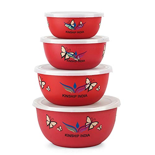 Microwave Safe Stainless Steel Plastic Coated Designer Euro Bowl (450,700,1200 and 2000ml) Set of 4 (RED)