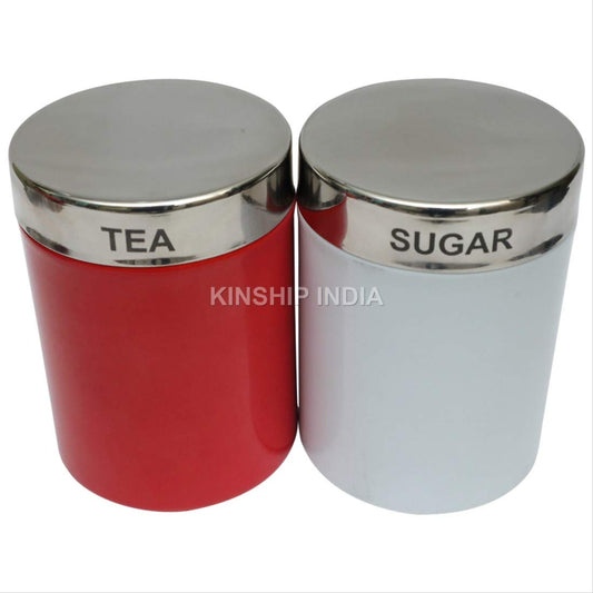Stainless Steel Tea And Sugar Canister (1400 ml) 2 Pieces, Red White