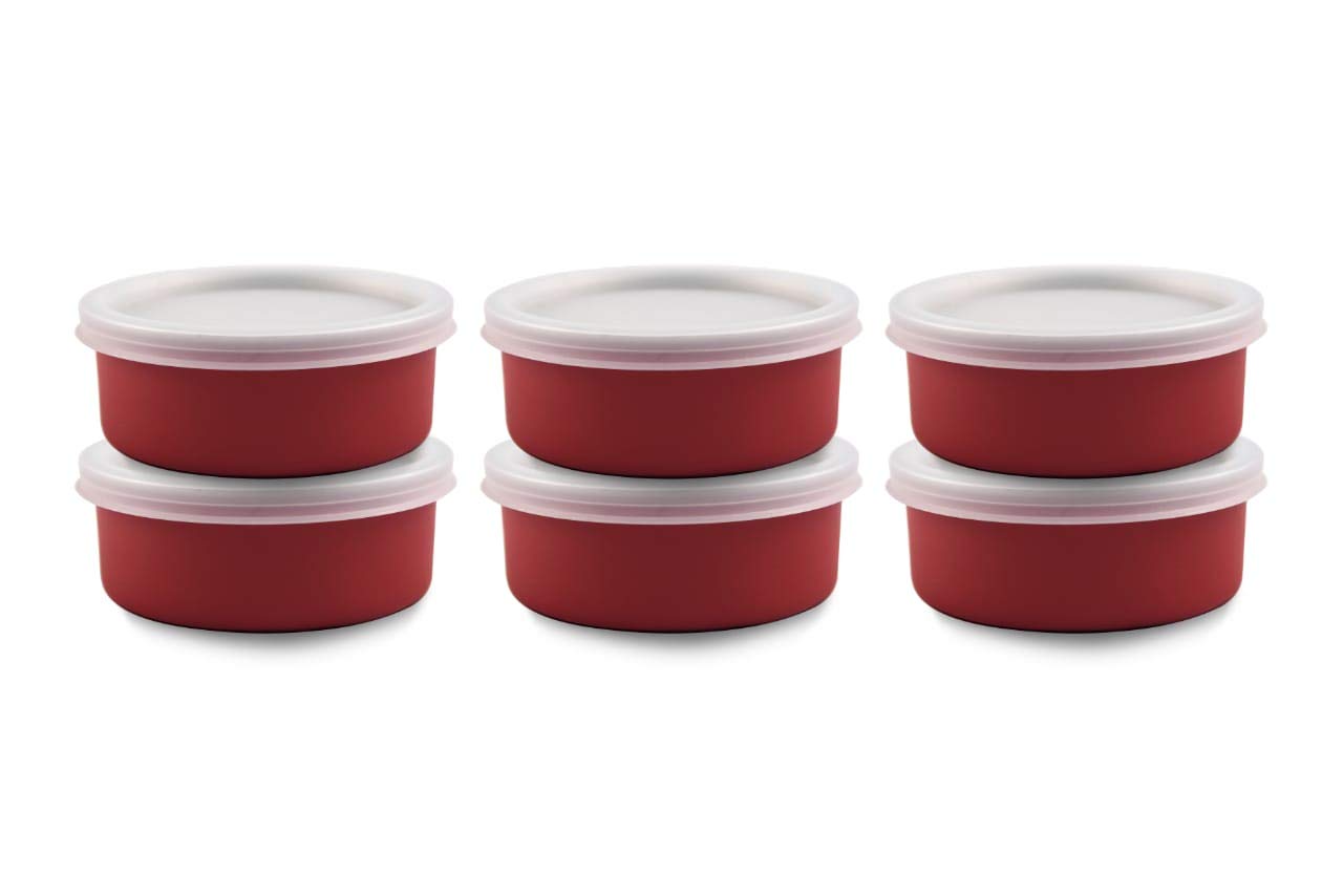Microwave Safe Stainless Steel Small Containers For Office/Home Set Of 6  (RED, 6 x 11 CM, 6 x 300 ML Approx.)