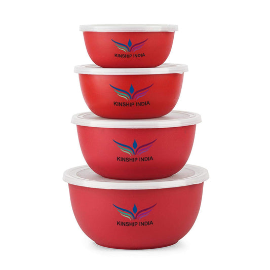 Microwave Safe Stainless Steel Plastic Coated Euro Bowl (450,700,1200 and 2000ml),Set of 4(Red)