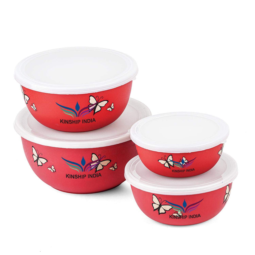 Microwave Safe Stainless Steel Plastic Coated Designer Euro Bowl (450,700,1200 and 2000ml) Set of 4 (RED)