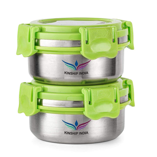 Stainless Steel Smart Lock Lunch Box with Steel Lid (300 ml, 10 cm, Green) 2 Containers