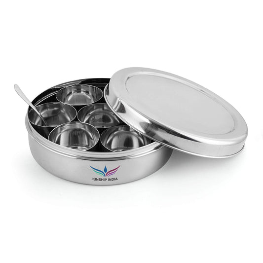 Stainless Steel Masala Box Set of 7 Containers and Small Spoon, 20 cm Dia.