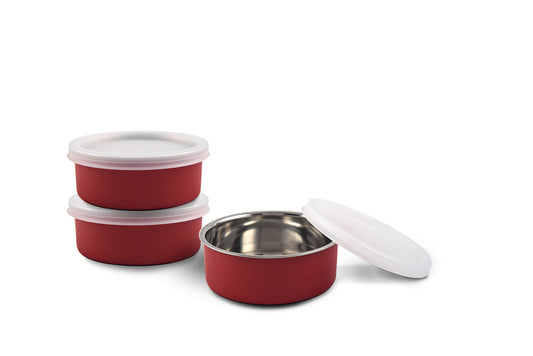 Microwave Safe Stainless Steel Small Containers For Office/Home Set Of  3 (RED, 3 x 11 CM, 3 x 300 ML Approx.)