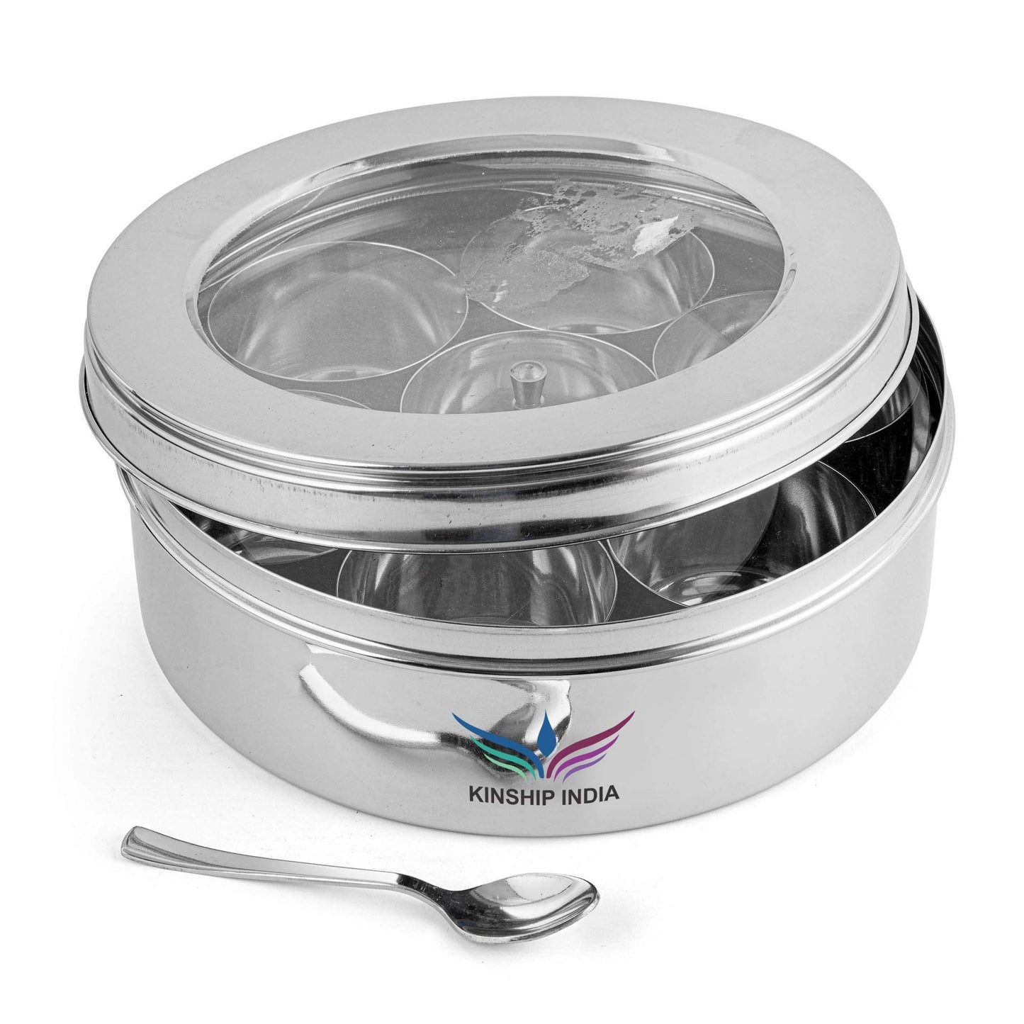 Stainless Steel Masala Box with See Through Lid, Seven Containers, Inner Cover and Small Spoon, 20 cm Dia.