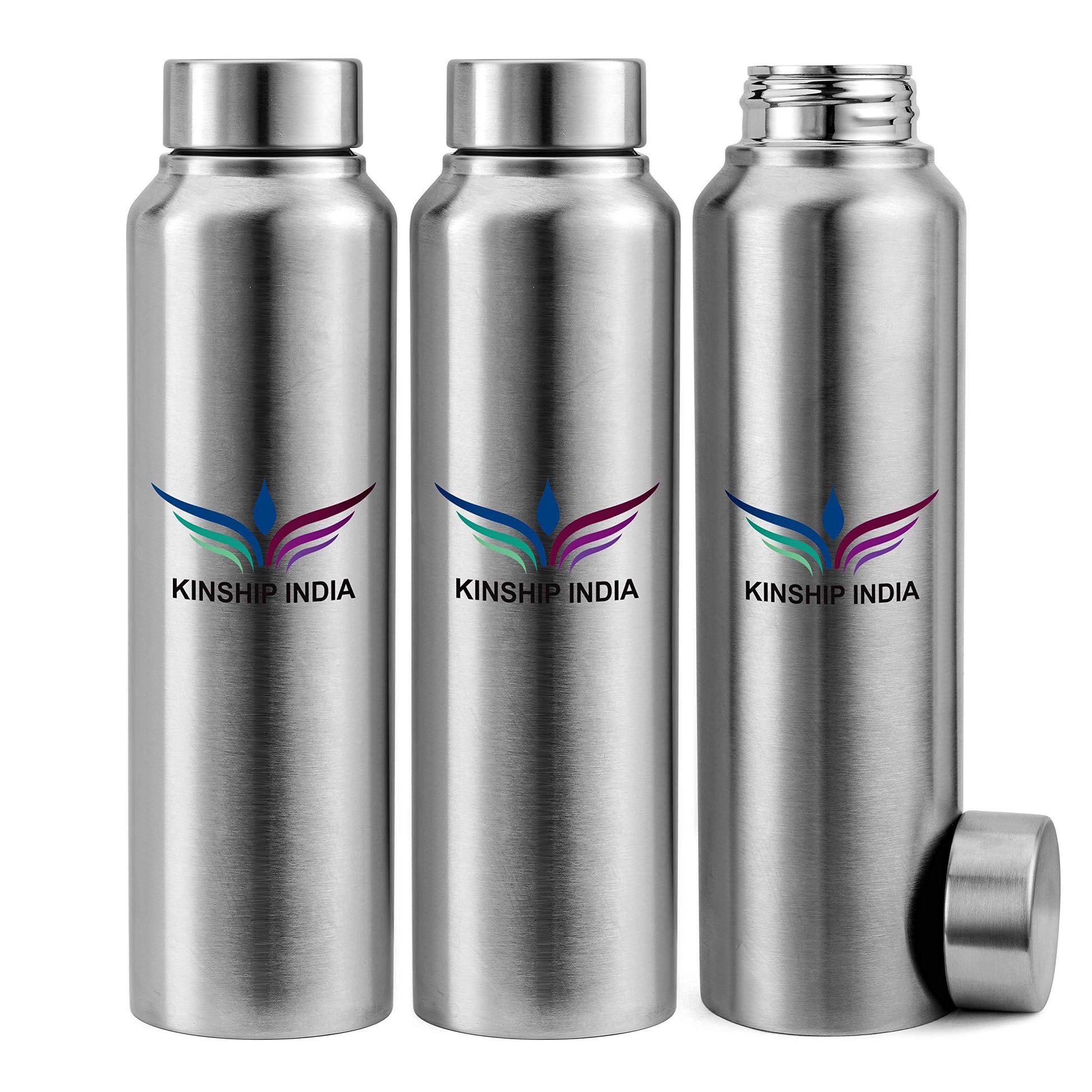 Stainless Steel Flat Water Bottle (1 L Each, Silver) -Set of 3